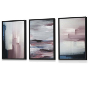 Set of 3 Abstract Navy Blue Grey Blush Pink Oil Wall Art Prints / 30x42cm (A3) / Black Frame