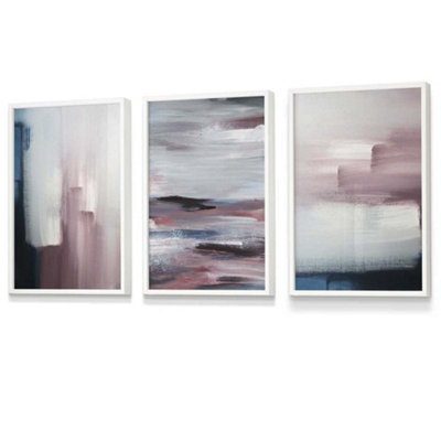 Set of 3 Abstract Navy Blue Grey Blush Pink Oil Wall Art Prints ...