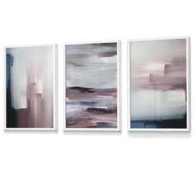 Set of 3 Abstract Navy Blue Grey Blush Pink Oil Wall Art Prints / 30x42cm (A3) / White Frame