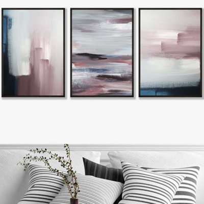 Set of 3 Abstract Navy Blue Grey Blush Pink Oil Wall Art Prints ...