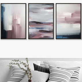 Set of 3 Abstract Navy Blue Grey Blush Pink Oil Wall Art Prints / 42x59cm (A2) / Black Frame
