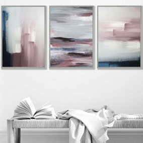 Set of 3 Abstract Navy Blue Grey Blush Pink Oil Wall Art Prints / 42x59cm (A2) / Light Grey Frame