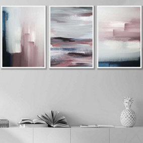 Set of 3 Abstract Navy Blue Grey Blush Pink Oil Wall Art Prints / 42x59cm (A2) / White Frame