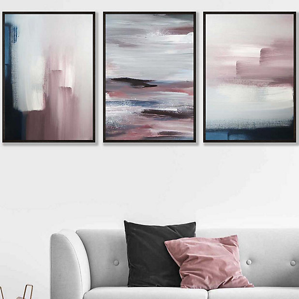 Set Of 3 Abstract Navy Blue Grey Blush Pink Oil Wall Art Prints / 50X70Cm /  Black Frame | Diy At B&Q