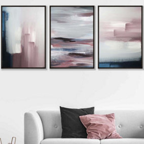 Set of 3 Abstract Navy Blue Grey Blush Pink Oil Wall Art Prints / 50x70cm / Black Frame