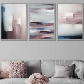 Set of 3 Abstract Navy Blue Grey Blush Pink Oil Wall Art Prints / 50x70cm / Light Grey Frame