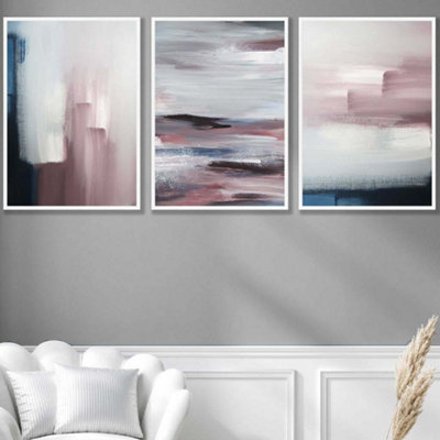 Set of 3 Abstract Navy Blue Grey Blush Pink Oil Wall Art Prints