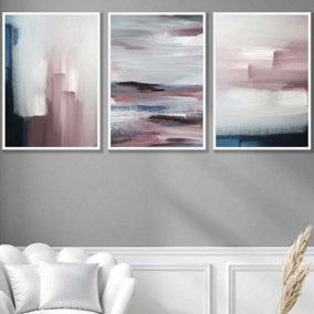 Set of 3 Abstract Navy Blue Grey Blush Pink Oil Wall Art Prints / 50x70cm / White Frame