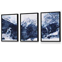 Set of 3 Abstract Navy Blue Mountains Wall Art Prints / 30x42cm (A3) / Black Frame