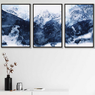 Set of 3 Abstract Navy Blue Mountains Wall Art Prints / 30x42cm (A3) / Black Frame