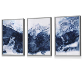 Set of 3 Abstract Navy Blue Mountains Wall Art Prints / 30x42cm (A3) / Light Grey Frame