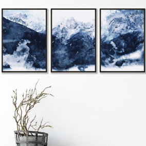 Set of 3 Abstract Navy Blue Mountains Wall Art Prints / 42x59cm (A2) / Black Frame
