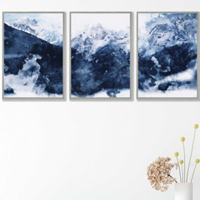 Set of 3 Abstract Navy Blue Mountains Wall Art Prints / 42x59cm (A2) / Light Grey Frame