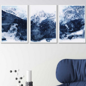 Set of 3 Abstract Navy Blue Mountains Wall Art Prints / 42x59cm (A2) / White Frame