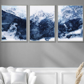 Set of 3 Abstract Navy Blue Mountains Wall Art Prints / 50x70cm / Light Grey Frame