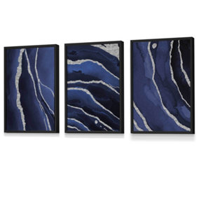 Set of 3 Abstract Navy Blue Silver Strokes Wall Art Prints / 30x42cm (A3) / Black Frame