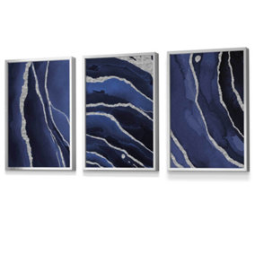 Set of 3 Abstract Navy Blue Silver Strokes Wall Art Prints / 30x42cm (A3) / Silver Frame