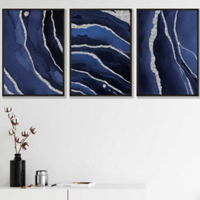 Set of 3 Abstract Navy Blue Silver Strokes Wall Art Prints / 42x59cm (A2) / Black Frame