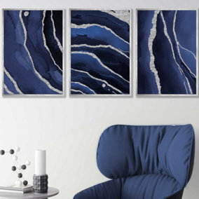 Set of 3 Abstract Navy Blue Silver Strokes Wall Art Prints / 42x59cm (A2) / Silver Frame