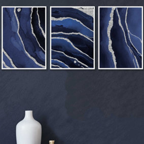 Set of 3 Abstract Navy Blue Silver Strokes Wall Art Prints / 42x59cm (A2) / White Frame