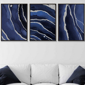 Set of 3 Abstract Navy Blue Silver Strokes Wall Art Prints / 50x70cm / Black Frame