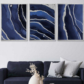 Set of 3 Abstract Navy Blue Silver Strokes Wall Art Prints / 50x70cm / Silver Frame