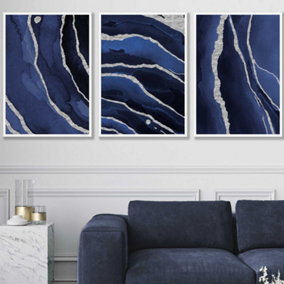 Set of 3 Abstract Navy Blue Silver Strokes Wall Art Prints / 50x70cm / White Frame