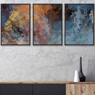 Set of 3 Abstract Orange Blue Cerulean Dream Wall Art Prints / 30x42cm (A3) / Black Frame