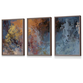 Set of 3 Abstract Orange Blue Cerulean Dream Wall Art Prints / 30x42cm (A3) / Walnut Frame
