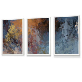 Set of 3 Abstract Orange Blue Cerulean Dream Wall Art Prints / 30x42cm (A3) / White Frame