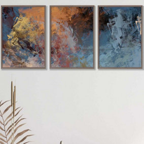 Set of 3 Abstract Orange Blue Cerulean Dream Wall Art Prints / 42x59cm (A2) / Walnut Frame