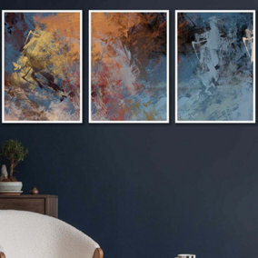 Set of 3 Abstract Orange Blue Cerulean Dream Wall Art Prints / 42x59cm (A2) / White Frame