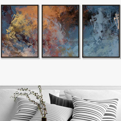 Set of 3 Abstract Orange Blue Cerulean Dream Wall Art Prints / 50x70cm / Black Frame