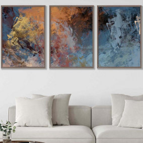 Set of 3 Abstract Orange Blue Cerulean Dream Wall Art Prints / 50x70cm / Walnut Frame