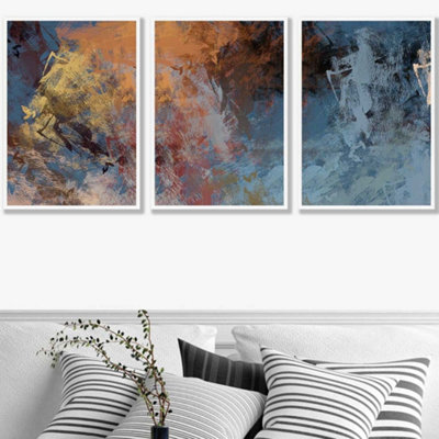 Set of 3 Abstract Orange Blue Cerulean Dream Wall Art Prints / 50x70cm / White Frame