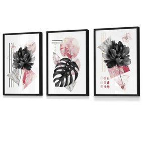 Set of 3 Abstract Pink and Black Botanical Wall Art Prints / 30x42cm (A3) / Black Frame