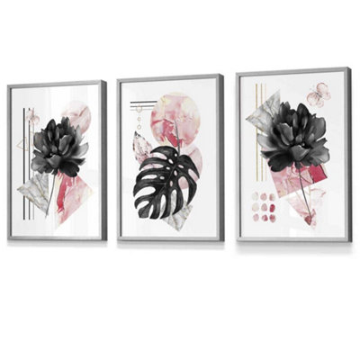 Set of 3 Abstract Pink and Black Botanical Wall Art Prints / 30x42cm ...