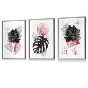 Set of 3 Abstract Pink and Black Botanical Wall Art Prints / 30x42cm (A3) / Light Grey Frame