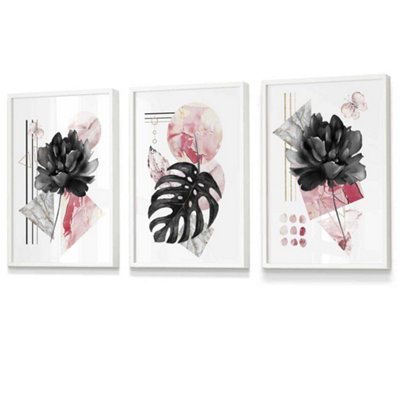 Set of 3 Abstract Pink and Black Botanical Wall Art Prints / 30x42cm ...