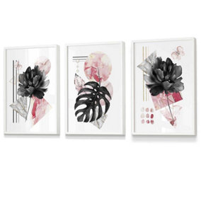 Set of 3 Abstract Pink and Black Botanical Wall Art Prints / 30x42cm (A3) / White Frame