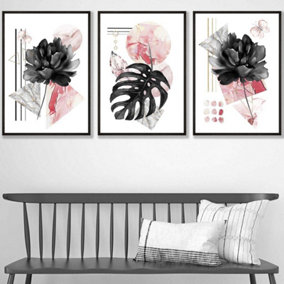 Set of 3 Abstract Pink and Black Botanical Wall Art Prints / 42x59cm (A2) / Black Frame