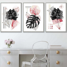 Set of 3 Abstract Pink and Black Botanical Wall Art Prints / 42x59cm (A2) / Light Grey Frame