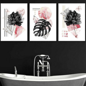 Set of 3 Abstract Pink and Black Botanical Wall Art Prints / 42x59cm (A2) / White Frame