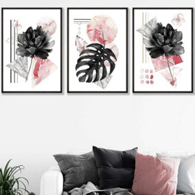 Set of 3 Abstract Pink and Black Botanical Wall Art Prints / 50x70cm / Black Frame