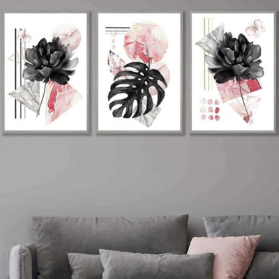 Set of 3 Abstract Pink and Black Botanical Wall Art Prints / 50x70cm ...