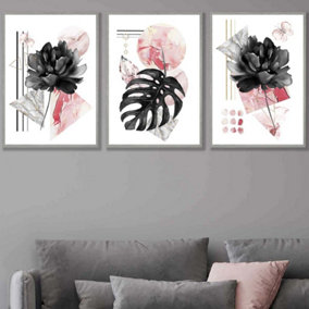 Set of 3 Abstract Pink and Black Botanical Wall Art Prints / 50x70cm / Light Grey Frame