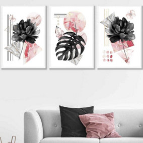 Set of 3 Abstract Pink and Black Botanical Wall Art Prints / 50x70cm / White Frame