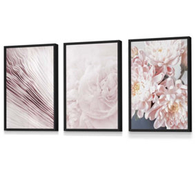 Set of 3 Abstract Pink Macro Floral Wall Art Prints / 30x42cm (A3) / Black Frame