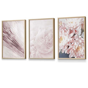 Set of 3 Abstract Pink Macro Floral Wall Art Prints / 30x42cm (A3) / Oak Frame