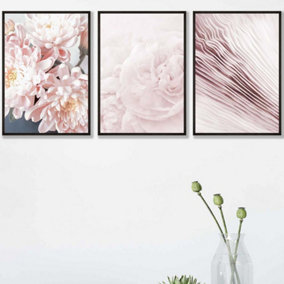 Set of 3 Abstract Pink Macro Floral Wall Art Prints / 42x59cm (A2) / Black Frame